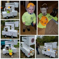 there are many pictures of children playing with food trucks