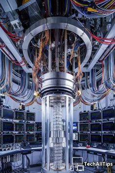 the inside of a computer room with lots of wires