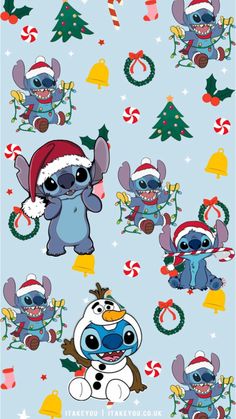 stitchy christmas characters on blue background