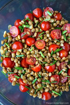 a bowl filled with tomatoes and lentils on top of a blue table next to green beans