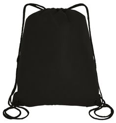 a black drawsack bag is shown on a white background, with the string attached to it