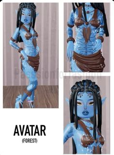 four different pictures of avatars with blue skin and hair, one is wearing an elaborate costume