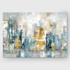 an abstract painting with yellow and blue colors on the wall, it looks like cityscape