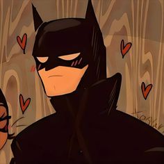 a cartoon batman with hearts in the background