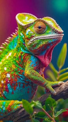 a colorful chamelon sitting on top of a tree branch