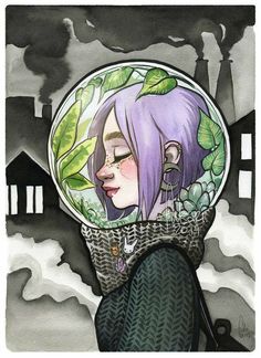 a drawing of a woman with purple hair and green leaves on her head