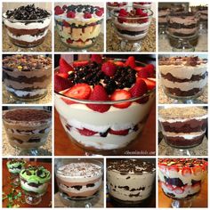 a collage of desserts with strawberries, chocolate cake and other toppings