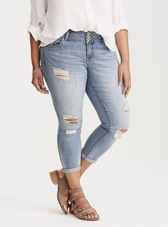 Torrid Premium Stretch Cropped Jeggings - Light Wash with Ripped Destruction, Cropped Boyfriend Jeans, Lycra Fabric, Best Jeans, Dressy Tops, Plus Size Jeans, Fashion 2020, Ripped Jeans, Jeggings, Boyfriend Jeans