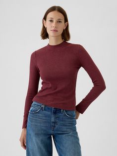 Soft cotton-blend, ribbed knit T-shirt.  Mini mockneck.  Long sleeves.  Fit: Stretch-to-Fit.  Slim & stretchy that forms to your shape.  Hits at the hip.  Models wearing Gap Red Shirts, Brand Collaboration, Clothes Ideas, Knitted Tshirt, Fashion Sense, Mock Neck, Long Sleeve T Shirt, Ribbed Knit, Camel