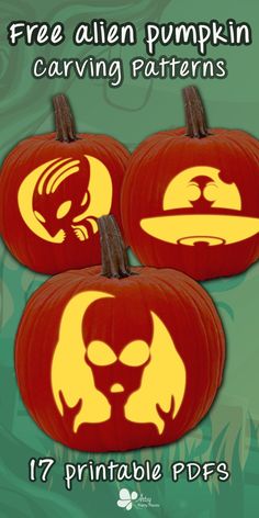 three pumpkins with faces carved into them and the words free alien pumpkin carving patterns