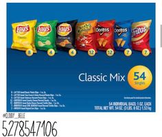 an advertisement for chips with the words classic mix on it and five bags of chips in each