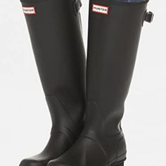 Hunter Women's Original Back Adjustable Rain Boots Black Knee-high Waterproof Boots For Outdoor, Black Waterproof Knee-high Boots, Black Knee-high Waterproof Boots, Insulated Black Rain Boots For Fall, Black Insulated Rain Boots With Round Toe, Black Waterproof Rain Boots, Black Waterproof Closed Toe Rain Boots, Black Rain Boots For Fall Outdoor Activities, Black Rain Boots For Outdoor Fall