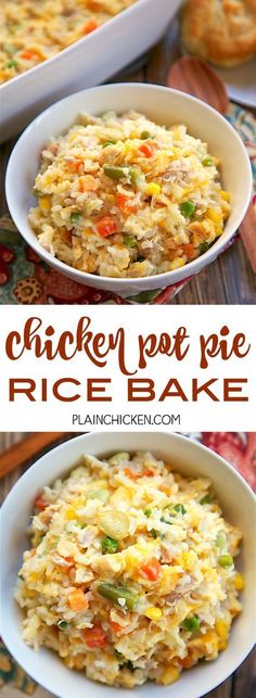 chicken pot pie rice bake is shown in three different bowls with the title above it