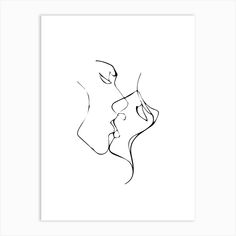 a black and white drawing of two people's faces, one is kissing the other