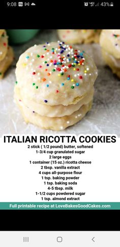 the recipe for italian ricotta cookies is displayed on an iphone screen, with instructions to make it