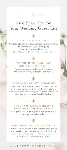 the five quick tips for your wedding guest list on a white background with pink flowers