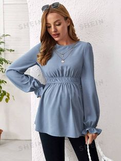 SHEIN Maternidad Blusa peplum de manga con volante | SHEIN USA Maternity Work Wear, Maternity Work Clothes, Pregnancy Clothes, Pregnancy Wardrobe