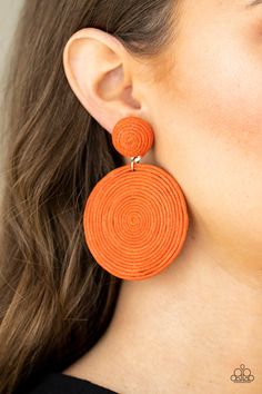 A generous disc of Marigold thread spirals around and around for a dizzying finish as it connects to a Marigold threaded button post. Earring attaches to a standard post fitting.

 Sold as one pair of post earrings. Orange Order, Paparazzi Accessories Jewelry, Orange Earrings, Paparazzi Accessories, Red Button, Paparazzi Jewelry, Blue Rings, Boutique Jewelry, The Room