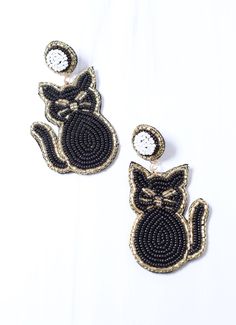 This cute cat earring is adorable! It is beaded with a gold trim, and the back is felt covered as well. What a great Halloween earring this is! Dimensions: 3" long Party Jewelry With Cat Design And Cat Ears, Party Jewelry With Cat Design, Black Cat Ears Earrings For Party, Cute Cat Design Earrings For Party, Gold Jewelry With Cat Design For Party, Cute Beaded Earrings For Party, Beaded Cat, Cat Earring, Felted Earrings