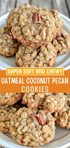 oatmeal coconut pecan cookies on a white plate with text overlay