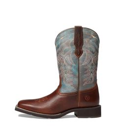 The Ariat® Delilah cowgirl boots offer a classic style with a colorful accented shaft and modern interior comfort that will keep you in total support all day long..Western boot made of a rich full grain leather upper..Features two-tone colored Western embroidery in a six-row stitch pattern..Sturdily stitched boot straps for easy entry..Synthetic air mesh lining keeps feet cool..4LR™ technology features a comfort insole with shock-absorbing rebound protection and a lightweight shank that stabilizes and adds support..Wide square toe..Pro Crepe® Light outsole with Duratread™ heel for excellent traction..Imported..Product measurements were taken using size 8.5, width B - Medium. Please note that measurements may vary by size..Weight of footwear is based on a single item, not a pair..Measuremen Wide Calf Round Toe Boots For Ranch, Western Style Waterproof Ankle Boots With Reinforced Heel, Wide Calf Boots With Reinforced Heel For Rodeo, Western Ankle Boots For Wide Calves, Western Waterproof Boots With Reinforced Heel For Fall, Western Style Waterproof Ankle Boots For Fall, Western Boots With Reinforced Toe For Fall, Western Style Waterproof Boots For Rodeo, Western Brown Waterproof Boots With Reinforced Heel