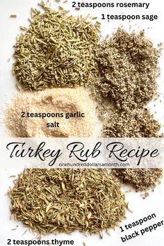 four different types of spices are shown in this graphic diagram, with the words turkey rub recipe