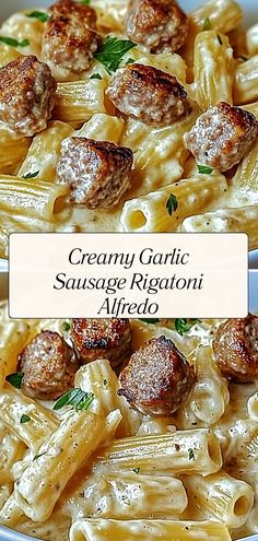 two pictures of pasta with meatballs and sauce in a white bowl on a table