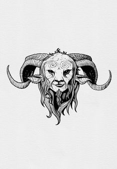 a black and white drawing of a horned animal with horns on it's head