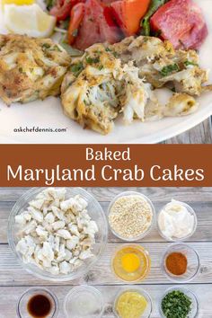 the ingredients to make baked maryland crab cakes on a white plate with text overlay