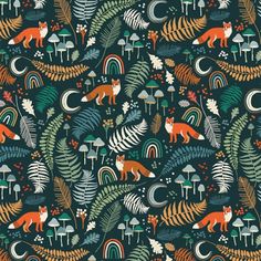 an animal themed wallpaper with leaves and animals in the forest, on a dark blue background