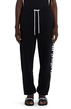 The Milanese label’s Gothic logo boldly brands one side of cotton French terry sweatpants that are equally comfy and street-savvy. 31" inseam; 11" leg opening; 14" front rise; 18" back rise (size Medium) Elastic/drawstring waist Side welt pockets; back welt pocket 100% cotton Hand wash, dry flat Made in Portugal New Concepts @Nordstrom Black Joggers With Logo Waistband For Streetwear, Black Sporty Sweatpants With Logo Waistband, Sporty Black Sweatpants With Logo Waistband, Sporty Joggers With Logo Waistband For Streetwear, Cotton Bottoms With Logo For Loungewear, Relaxed Fit Bottoms With Logo Waistband For Streetwear, Cotton Sweatpants With Logo Print In Athleisure Style, Logo Print Cotton Sweatpants In Athleisure Style, Cotton Athleisure Sweatpants With Logo Print