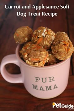 carrots and appleauce soft dog treat recipe in a pink mug on a wooden table