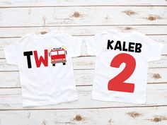 two firetruck birthday shirts with the number two printed on them, one is white and the other is red