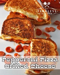 two grilled cheese sandwiches with pepperoni on them and the words pepperoni pizza grilled cheese