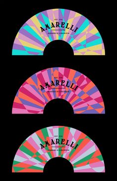 three colorful fan shaped labels with the words amarbella on them in different colors and sizes