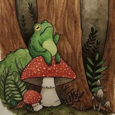 a frog sitting on top of a mushroom next to a forest filled with trees and mushrooms