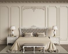 an elegant bedroom with white furniture and beige walls