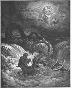 an old black and white drawing of a dragon attacking a man in the water with his head