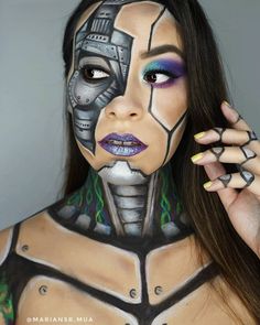 Android Makeup, Cyberpunk Robot, Skull Makeup Tutorial, Halloween Eye Makeup, Face Paint Makeup, Scary Makeup, Special Effects Makeup