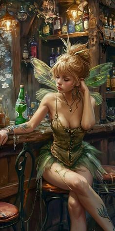 a painting of a woman in a fairy costume sitting at a bar with a green bottle