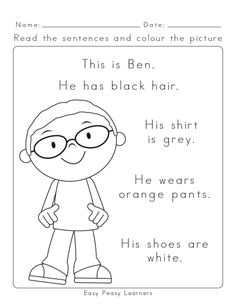 a coloring page with an image of a boy wearing glasses and the words, he has black