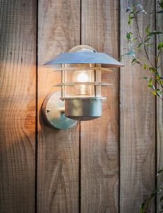 a light that is on the side of a wooden wall next to a plant with leaves