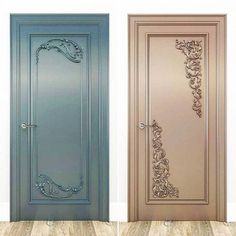 two doors with decorative designs on them and one has a door handle in the middle