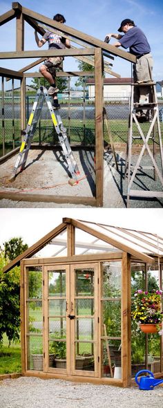 two pictures of people working on a small building with windows and ladders to the roof