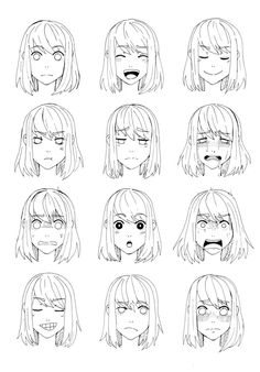 an anime character's face with different facial expressions and hair styles, all drawn by hand