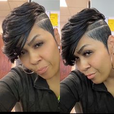 Hair by @mika_traxtheweavestation Short Shaved Sides Hairstyle Black Women, Tamara Hall Hair Short Hairstyles, Short Sides Long Top Hair Women Black, Partial Quick Weave Shaved Sides, Short Sassy Hair Black Women, Faux Hawk Haircut, Short Hair Long Bangs, Hawk Haircut