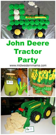 john deere tractor birthday party with green and yellow decorations on the table, including crackers