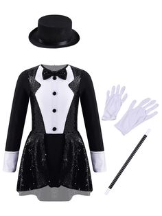 PRICES MAY VARY. Made of soft fabric, skin-friendly, breathable and comfortable to wear Size Table means age ranges for girls, but they are for general guidance only Long sleeve, round neckline with bow tie, sequined leotard with hidden back zipper closure Matching props with hat, magic wand and gloves for a magician look Suitable for Halloween, dance, theme party, role play, dress up, etc Set Include: 1Pc Leotard, 1Pc Hat, 1Pc Magic Wand, 1 Pair Gloves
 Condition: New with Tag
 Material: 95% Po Girl Tuxedo, Magician Costume, Circus Ringmaster, Ringmaster Costume, Dance Jazz, Circus Dress, Leotard Dress, Long Sleeve Leotard, Bow Tie Dress