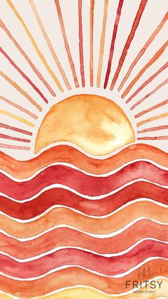 a watercolor painting of the sun rising over an ocean with waves and lines on it