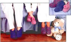 there are two pictures of people wearing slippers and one has a teddy bear on the floor